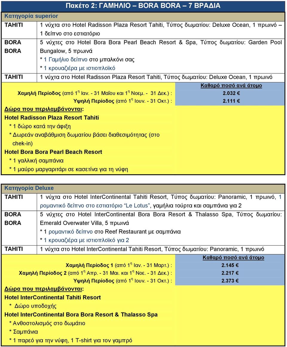 111 * 1 δώρο κατά την άφιξη * Δωρεάν αναβάθμιση δωματίου βάσει διαθεσιμότητας (στο chek-in) Hotel Bora Bora Pearl Beach Resort 1 νύχτα στο, Τύπος δωματίου: Panoramic, 1 πρωινό, 1 5 νύχτες στο Hotel
