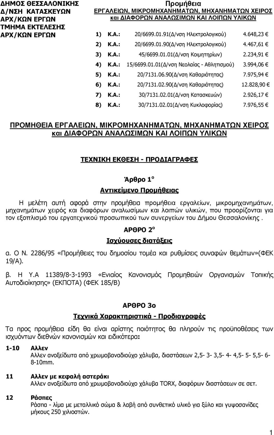 994,06 5) Κ.Α.: 20/7131.06.90( /νση Καθαριότητας) 7.975,94 6) Κ.Α.: 20/7131.02.90( /νση Καθαριότητας) 12.828,90 7) Κ.Α.: 30/7131.02.01( /νση Κατασκευών) 2.926,17 8) Κ.Α.: 30/7131.02.01( /νση Κυκλοφορίας) 7.