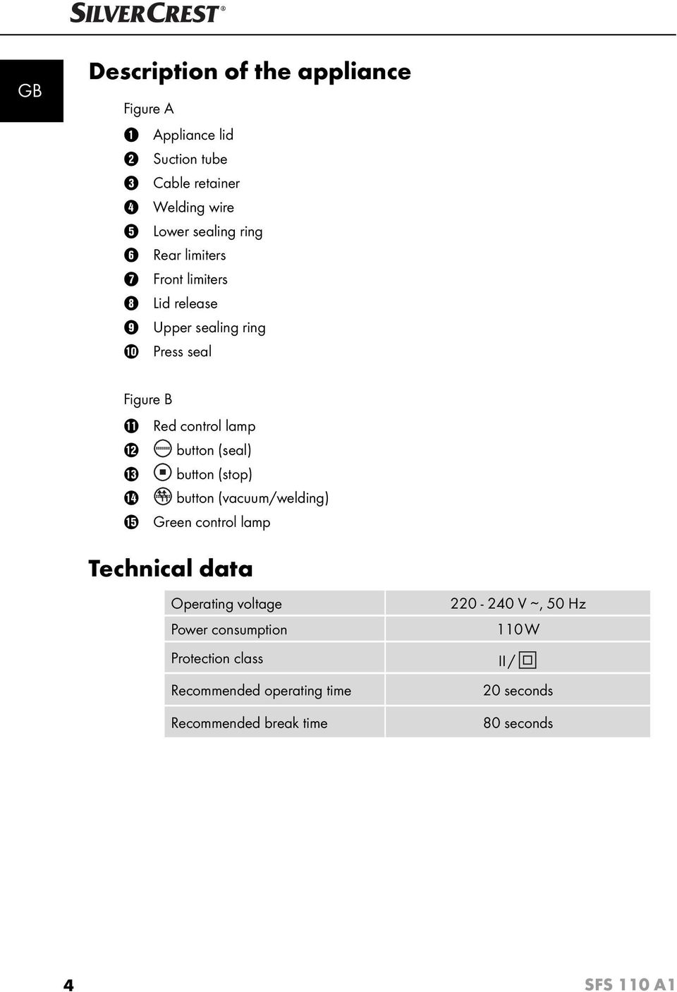button (seal) e button (stop) r button (vacuum/welding) t Green control lamp Technical data Operating voltage Power