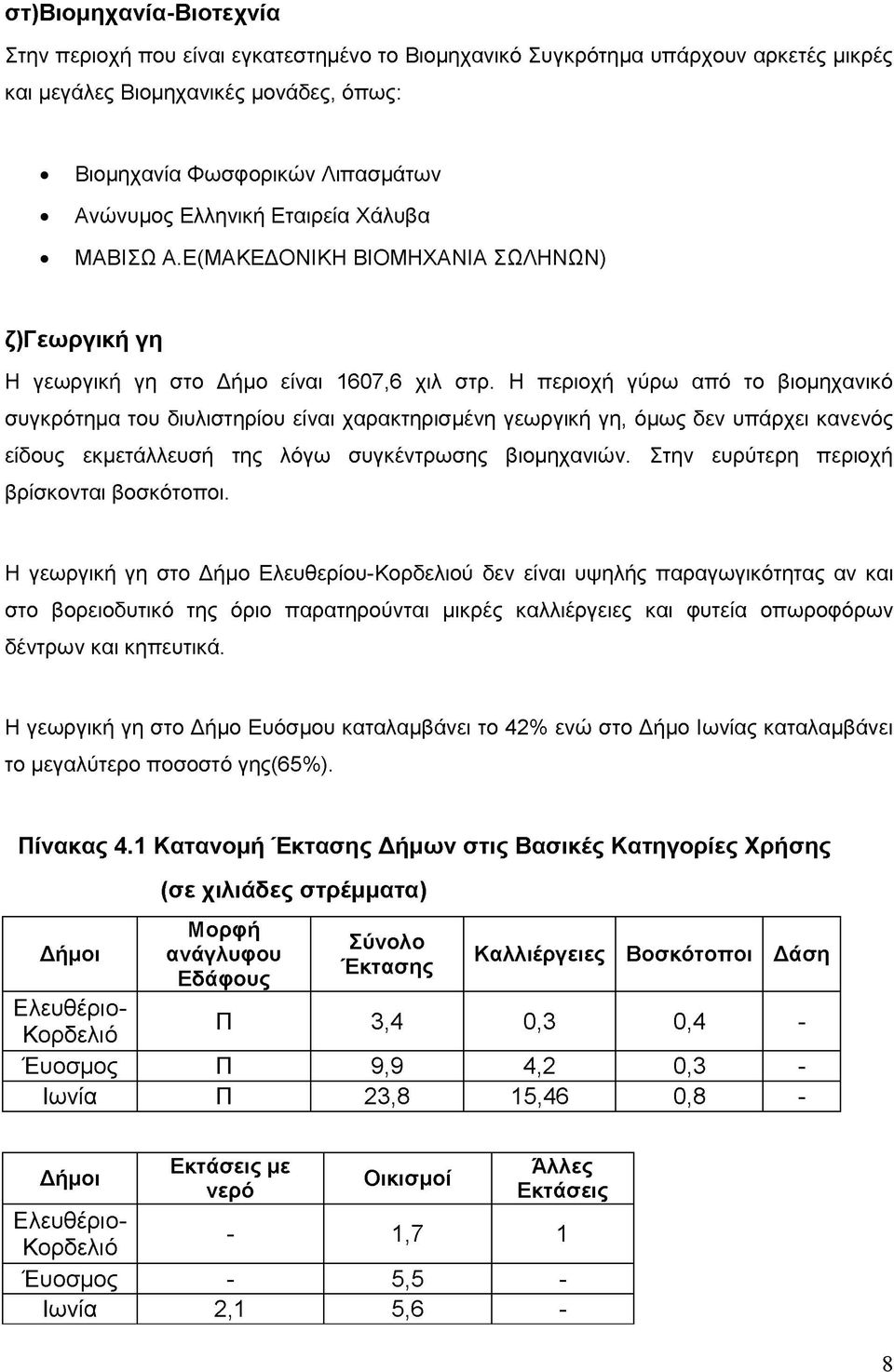 Η περιοχή γύρω από το βιομηχανικό συγκρότημα του διυλιστηρίου είναι χαρακτηρισμένη γεωργική γη, όμως δεν υπάρχει κανενός είδους εκμετάλλευσή της λόγω συγκέντρωσης βιομηχανιών.