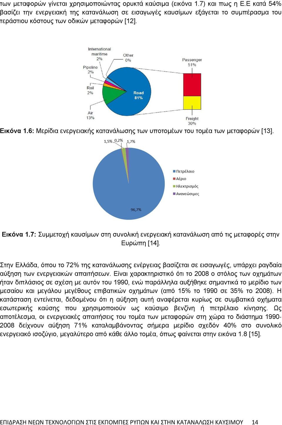 6: Μερίδια ενεργειακής κατανάλωσης των υποτομέων του τομέα των μεταφορών [13]. Εικόνα 1.7: Συμμετοχή καυσίμων στη συνολική ενεργειακή κατανάλωση από τις μεταφορές στην Ευρώπη [14].