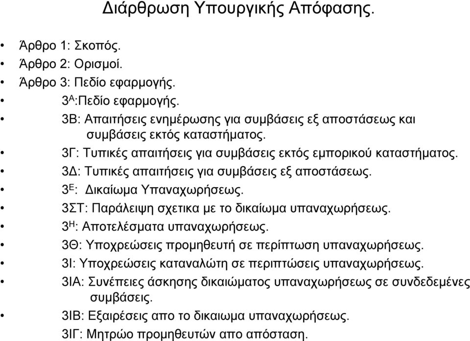 3Δ: Τυπικές απαιτήσεις για συμβάσεις εξ αποστάσεως. 3 Ε : Δικαίωμα Υπαναχωρήσεως. 3ΣΤ: Παράλειψη σχετικα με το δικαίωμα υπαναχωρήσεως. 3 Η : Αποτελέσματα υπαναχωρήσεως.