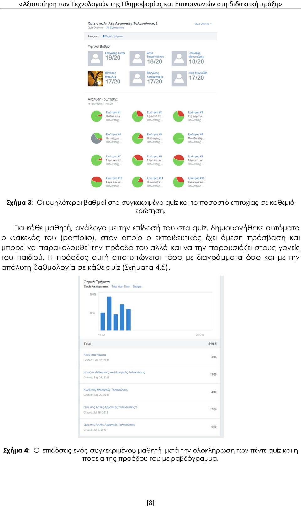 Για κάθε μαθητή, ανάλογα με την επίδοσή του στα quiz, δημιουργήθηκε αυτόματα ο φάκελός του (portfolio), στον οποίο ο εκπαιδευτικός έχει άμεση πρόσβαση και μπορεί να