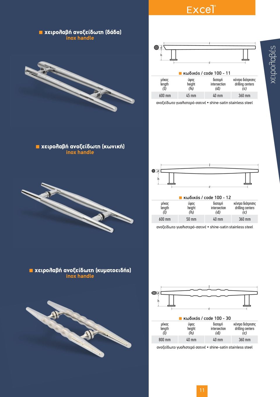 600 mm 50 mm 40 mm 360 mm ανοξείδωτο γυαλιστερό-σατινέ shine-satin stainless steel χειρολαβή ανοξείδωτη