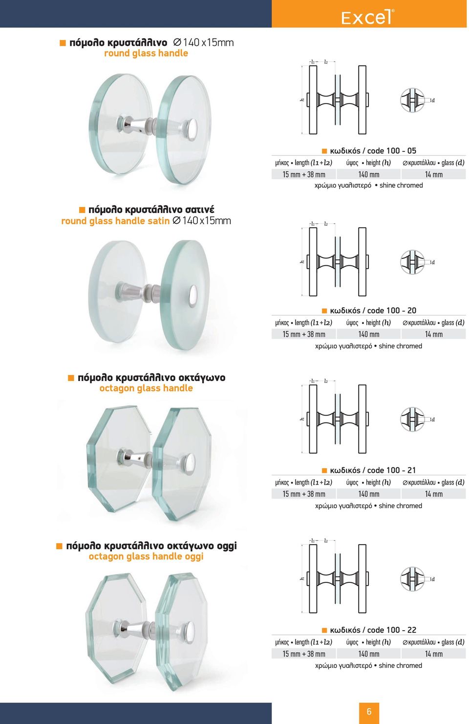 πόµολο κρυστάλλινο οκτάγωνο octagon glass handle κωδικός / code 100-21 (l1+l2) height κρυστάλλου glass 15 mm + 38 mm 140 mm 14 mm