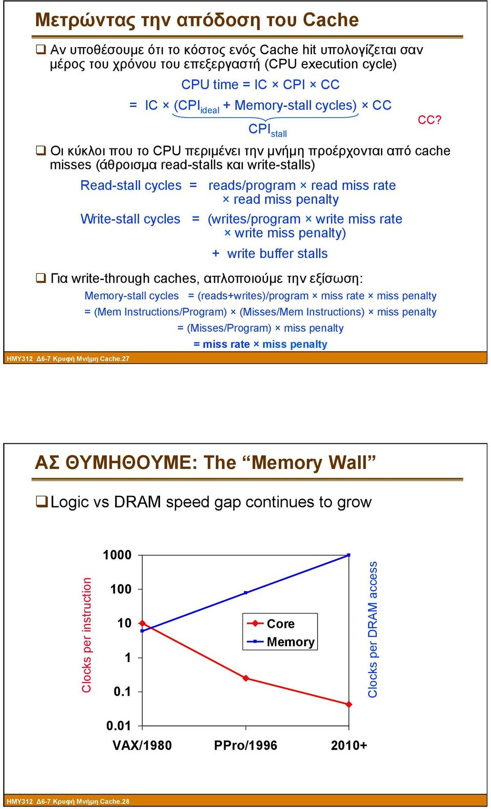 CPI stall q Οι κύκλοι που το CPU περιµένει την µνήµη προέρχονται από cache misses (άθροισµα read-stalls και write-stalls) Read-stall cycles = reads/program read miss rate read miss penalty