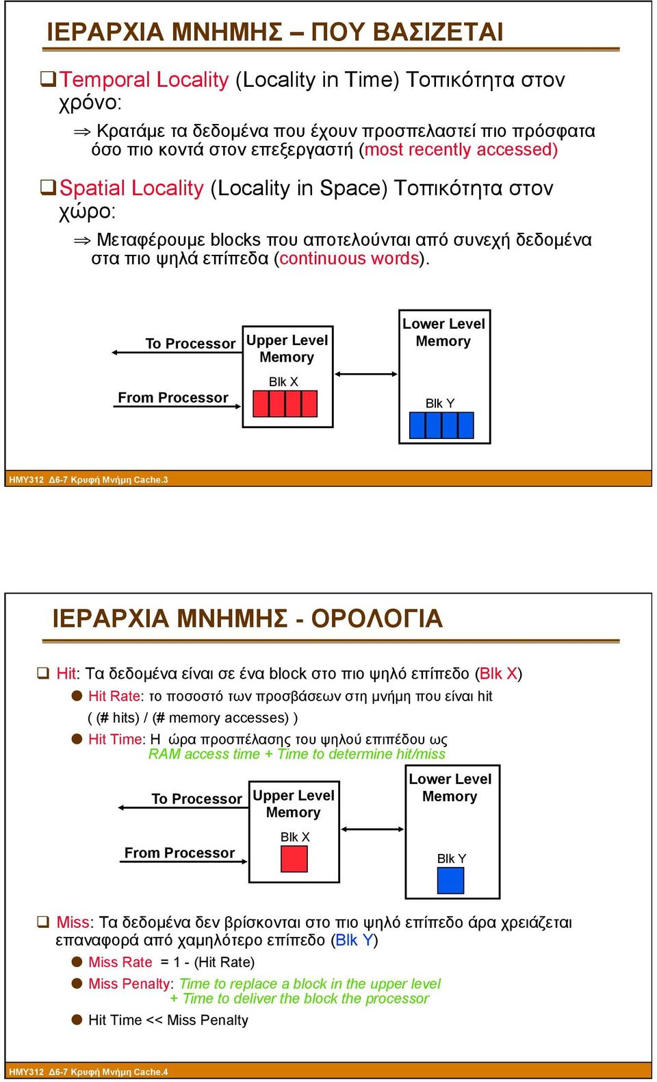 Upper Level Memory Blk X Lower Level Memory Blk Y ΗΜΥ312 Δ6-7 Κρυφή Μνήµη Cache3 ΙΕΡΑΡΧΙΑ ΜΝΗΜΗΣ - ΟΡΟΛΟΓΙΑ q Hit: Τα δεδοµένα είναι σε ένα block στο πιο ψηλό επίπεδο (Blk X) Hit Rate: το ποσοστό των