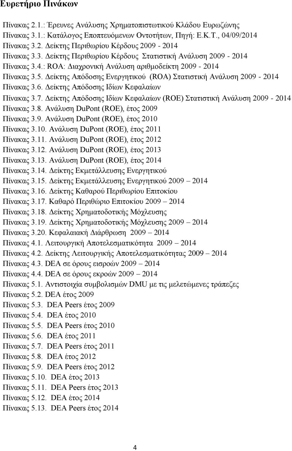 Δείκτης Απόδοσης Ενεργητικού (ROA) Στατιστική Ανάλυση 2009-2014 Πίνακας 3.6. Δείκτης Απόδοσης Ιδίων Κεφαλαίων Πίνακας 3.7.