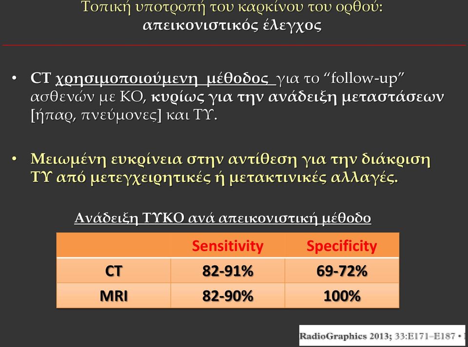 Μειωμένη ευκρίνεια στην αντίθεση για την διάκριση ΤΥ από μετεγχειρητικές ή μετακτινικές