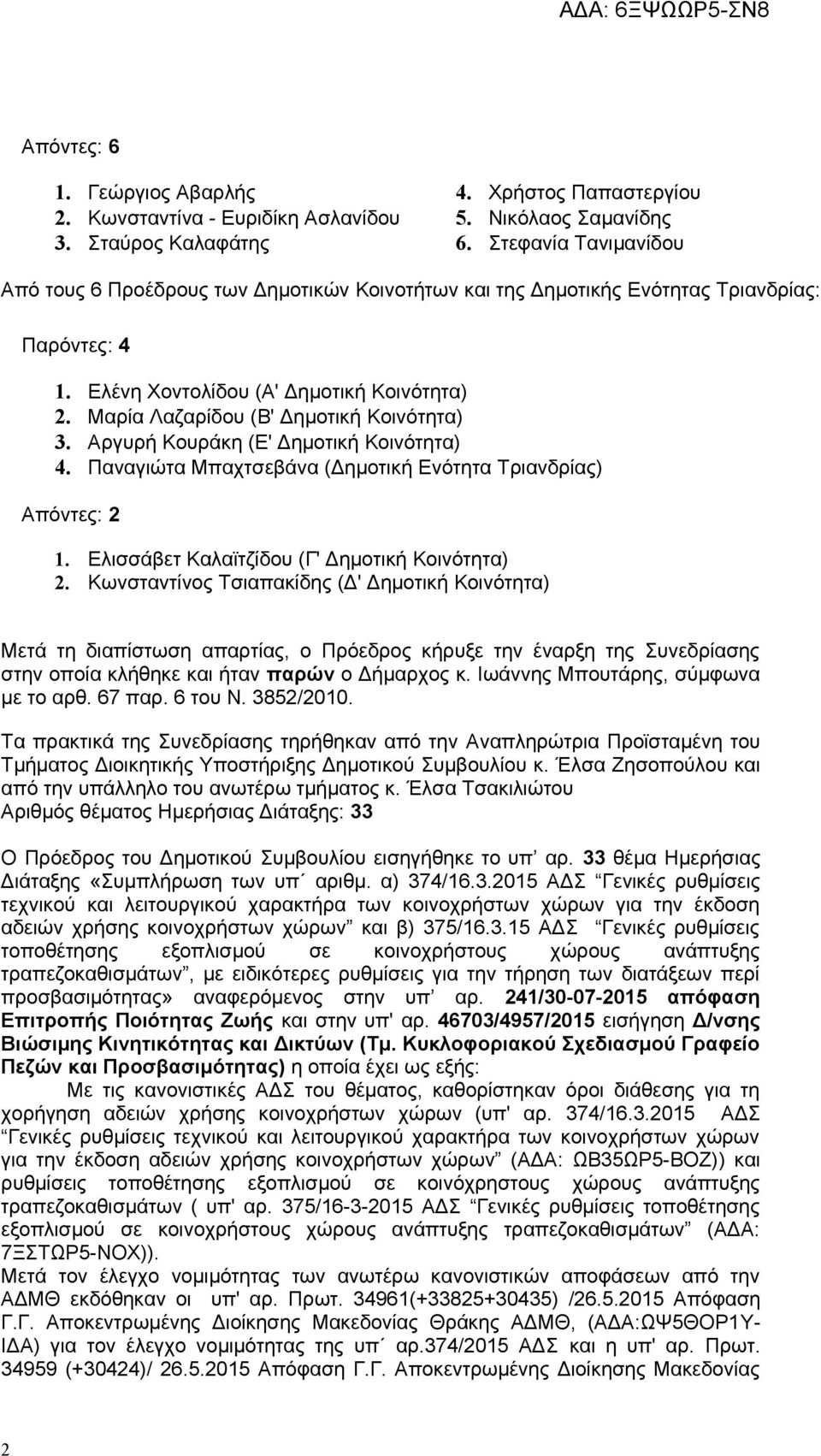 Μαρία Λαζαρίδου (Β' Δημοτική Κοινότητα) 3. Αργυρή Κουράκη (Ε' Δημοτική Κοινότητα) 4. Παναγιώτα Μπαχτσεβάνα (Δημοτική Ενότητα Τριανδρίας) Απόντες: 2 1. Ελισσάβετ Καλαϊτζίδου (Γ' Δημοτική Κοινότητα) 2.