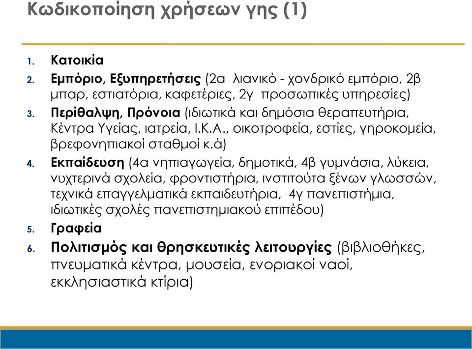 Εκπαίδευση (4α νηπιαγωγεία, δημοτικά, 4β γυμνάσια, λύκεια, νυχτερινά σχολεία, φροντιστήρια, ινστιτούτα ξένων γλωσσών, τεχνικά επαγγελματικά εκπαιδευτήρια, 4γ