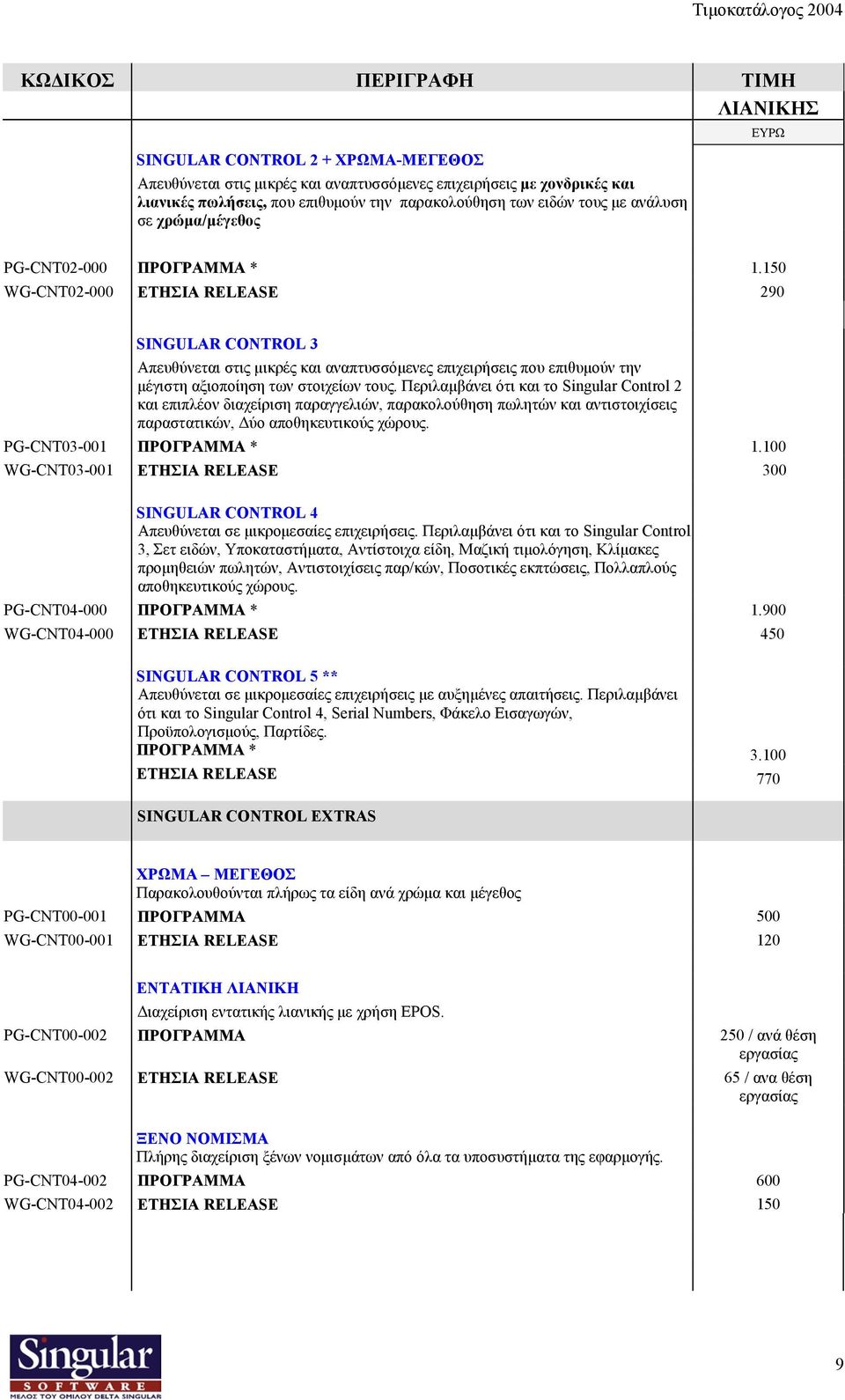 150 WG-CNT02-000 ΕΤΗΣΙΑ RELEASE 290 SINGULAR CONTROL 3 Απευθύνεται στις µικρές και αναπτυσσόµενες επιχειρήσεις που επιθυµούν την µέγιστη αξιοποίηση των στοιχείων τους.