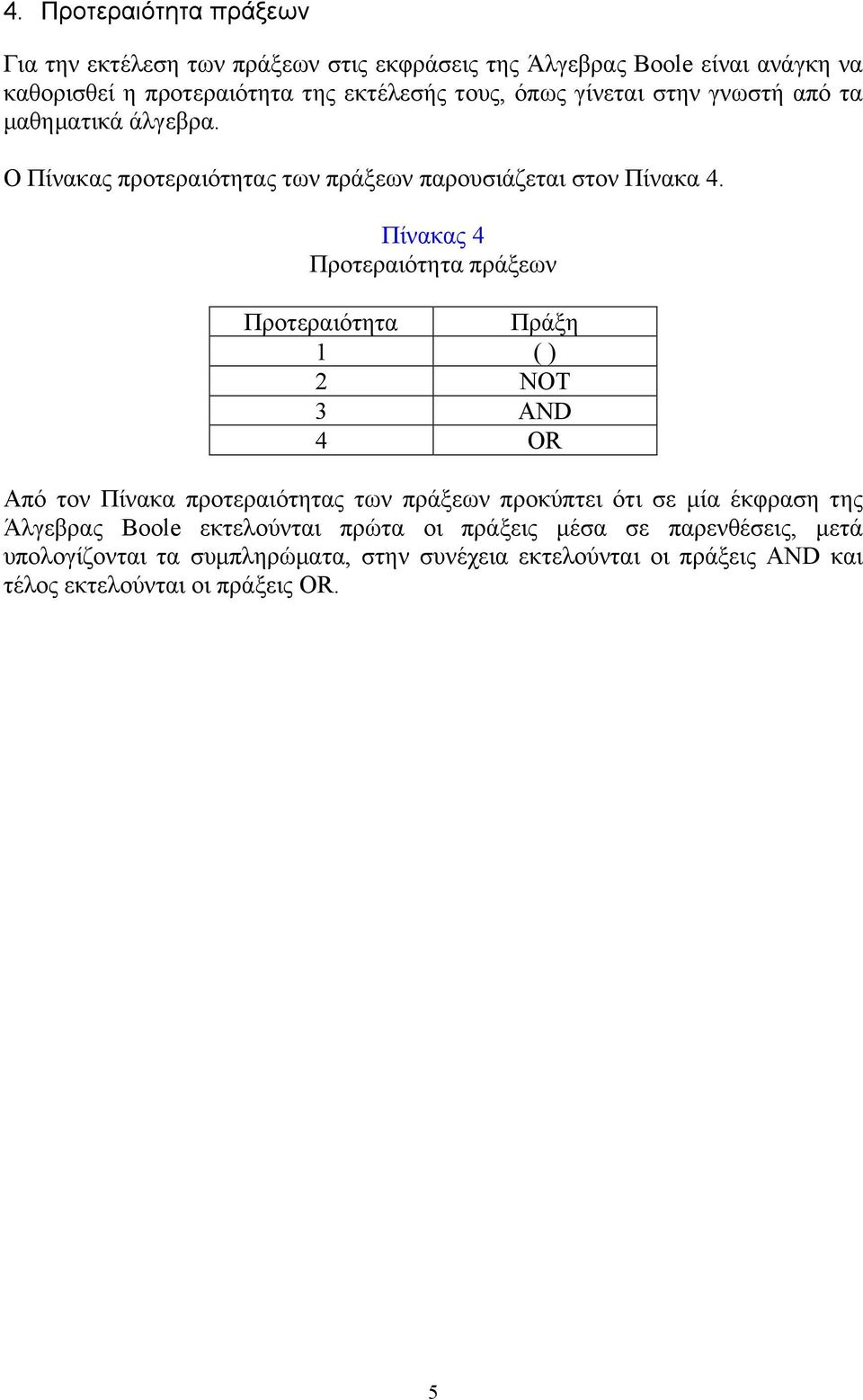 Πίνακας 4 Προτεραιότητα πράξεων Προτεραιότητα Πράξη 1 ( ) 2 NOT 3 ND 4 OR Από τον Πίνακα προτεραιότητας των πράξεων προκύπτει ότι σε µία έκφραση της