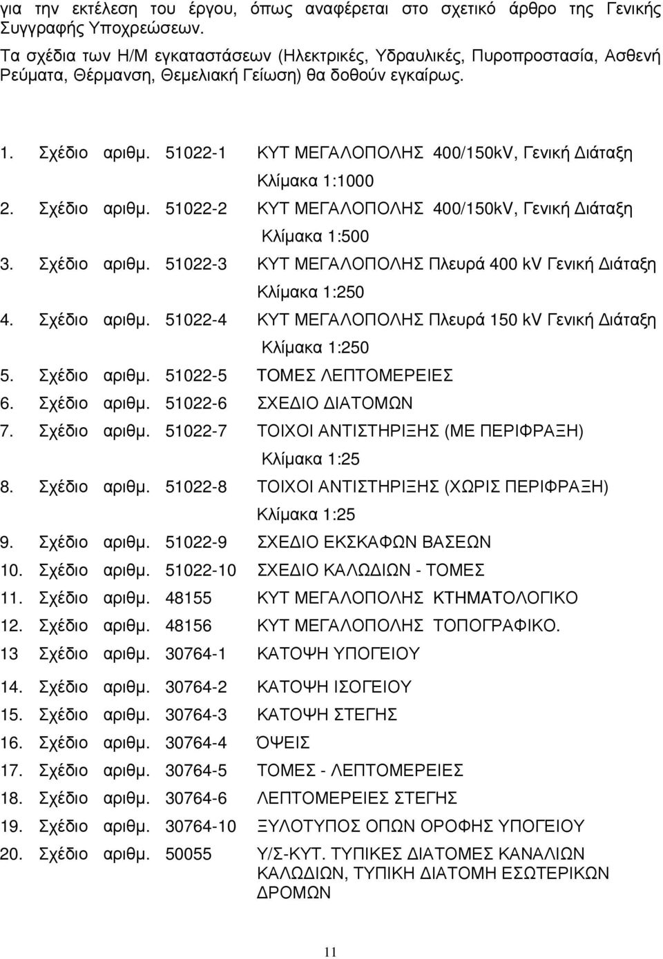 51022-1 ΚΥΤ ΜΕΓΑΛΟΠΟΛΗΣ 400/150kV, Γενική ιάταξη Κλίµακα 1:1000 2. Σχέδιο αριθµ. 51022-2 ΚΥΤ ΜΕΓΑΛΟΠΟΛΗΣ 400/150kV, Γενική ιάταξη Κλίµακα 1:500 3. Σχέδιο αριθµ. 51022-3 ΚΥΤ ΜΕΓΑΛΟΠΟΛΗΣ Πλευρά 400 kv Γενική ιάταξη Κλίµακα 1:250 4.