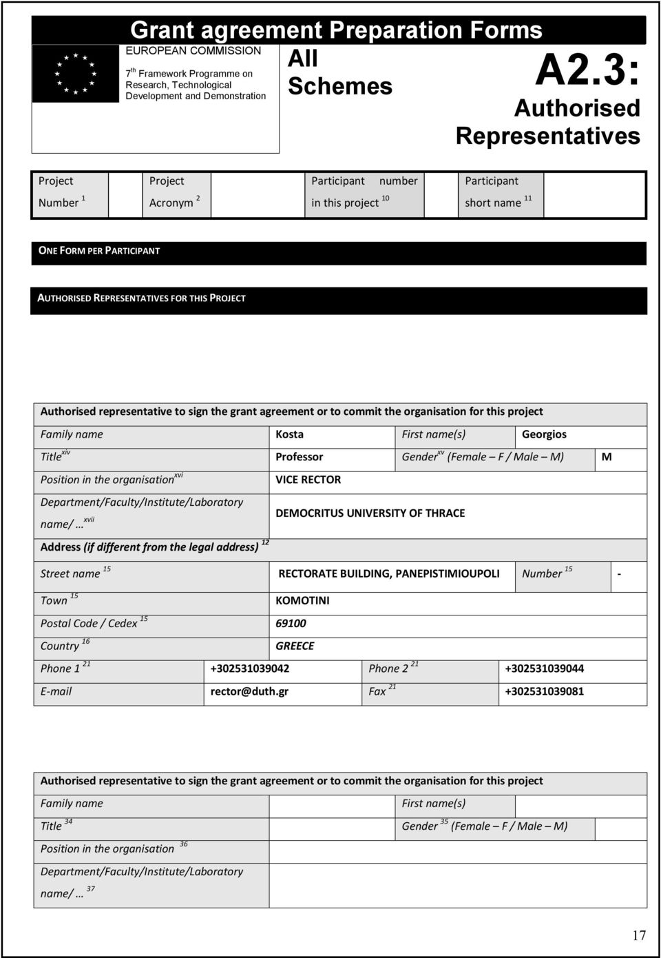 Authorised representative to sign the grant agreement or to commit the organisation for this project Family name Kosta First name(s) Georgios Title xiv Professor Gender xv (Female F / Male M) M