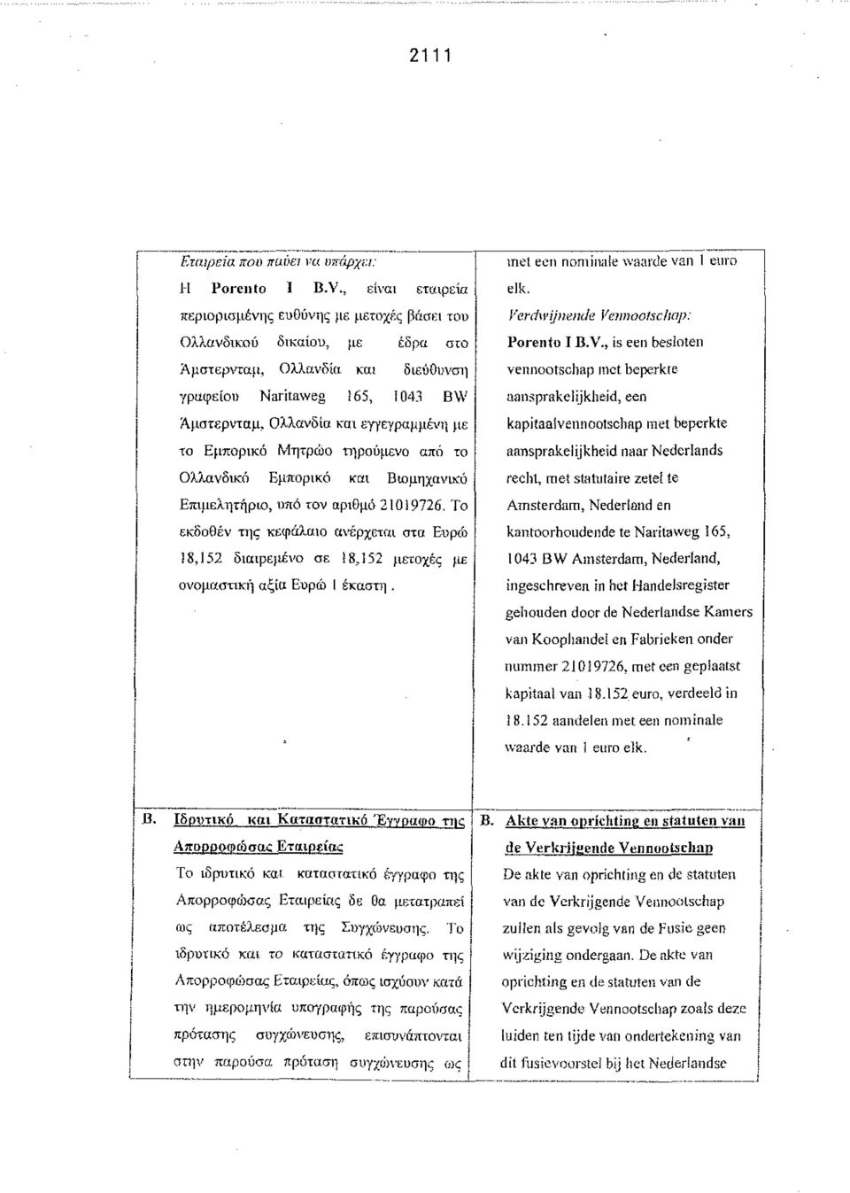 65, 1043 BW Αμστερνταμ, Ολλανδία και εγγεγραμμένη με το Εμπορικό Μητρώο τηρούμενο από το Ολλανδικό Εμπορικό και Βιομηχανικό Επιμελητήριο, οπό τον αριθμό 21019726.