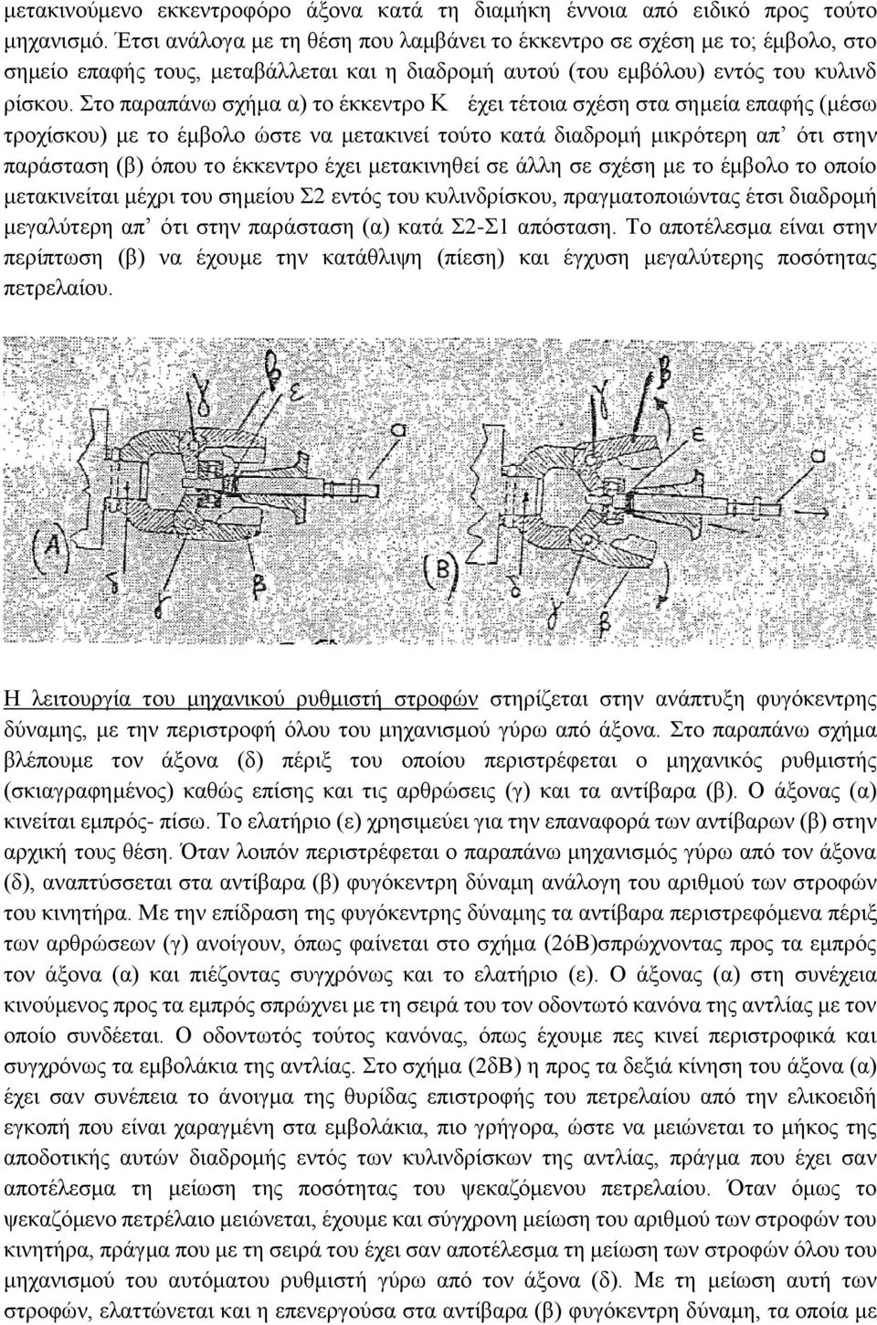 Στο παραπάνω σχήμα α) το έκκεντρο Κ έχει τέτοια σχέση στα σημεία επαφής (μέσω τροχίσκου) με το έμβολο ώστε να μετακινεί τούτο κατά διαδρομή μικρότερη απ ότι στην παράσταση (β) όπου το έκκεντρο έχει