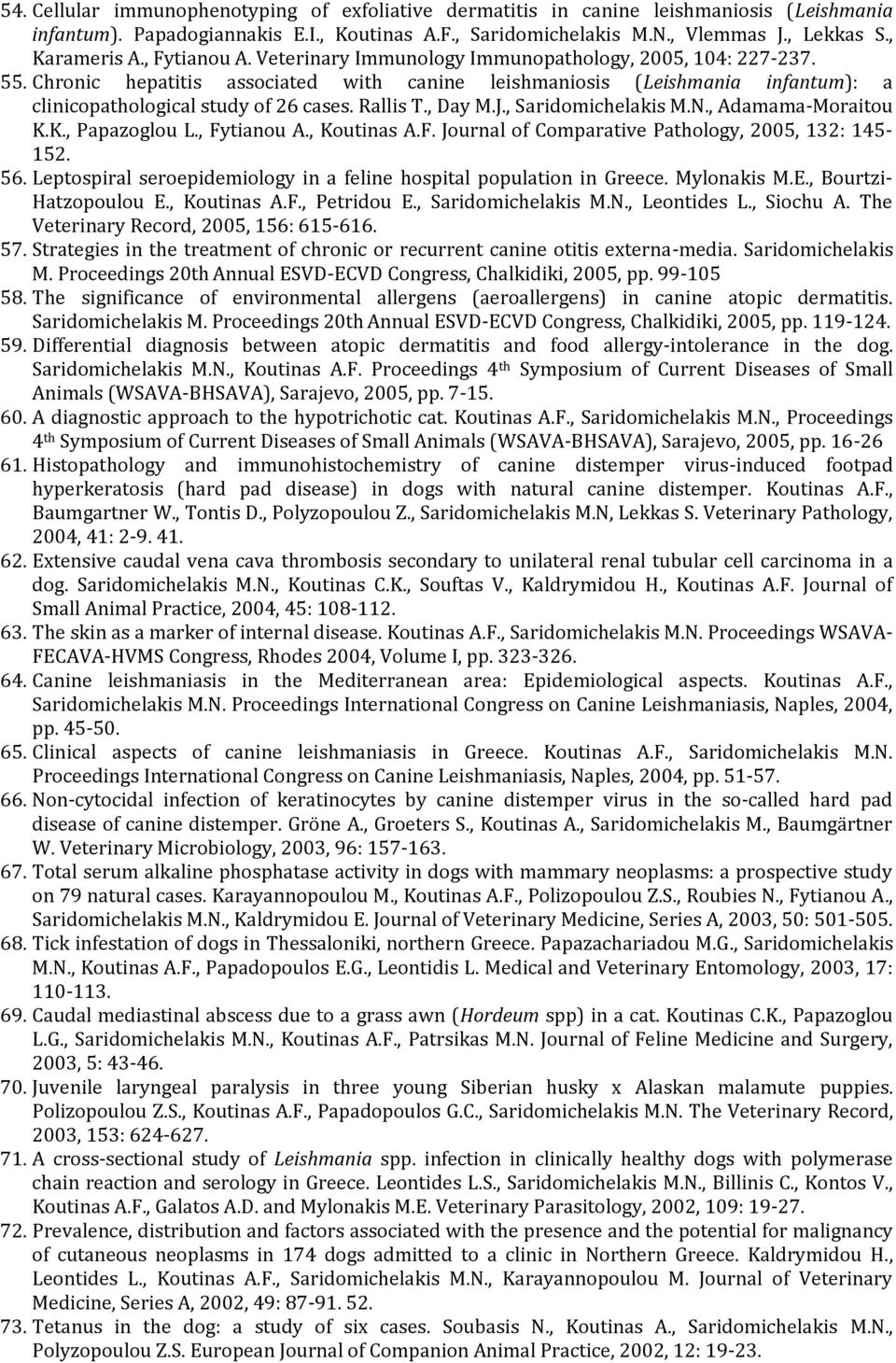 Rallis T., Day M.J., Saridomichelakis M.N., Adamama Moraitou K.K., Papazoglou L., Fytianou A., Koutinas A.F. Journal of Comparative Pathology, 2005, 132: 145 152. 56.