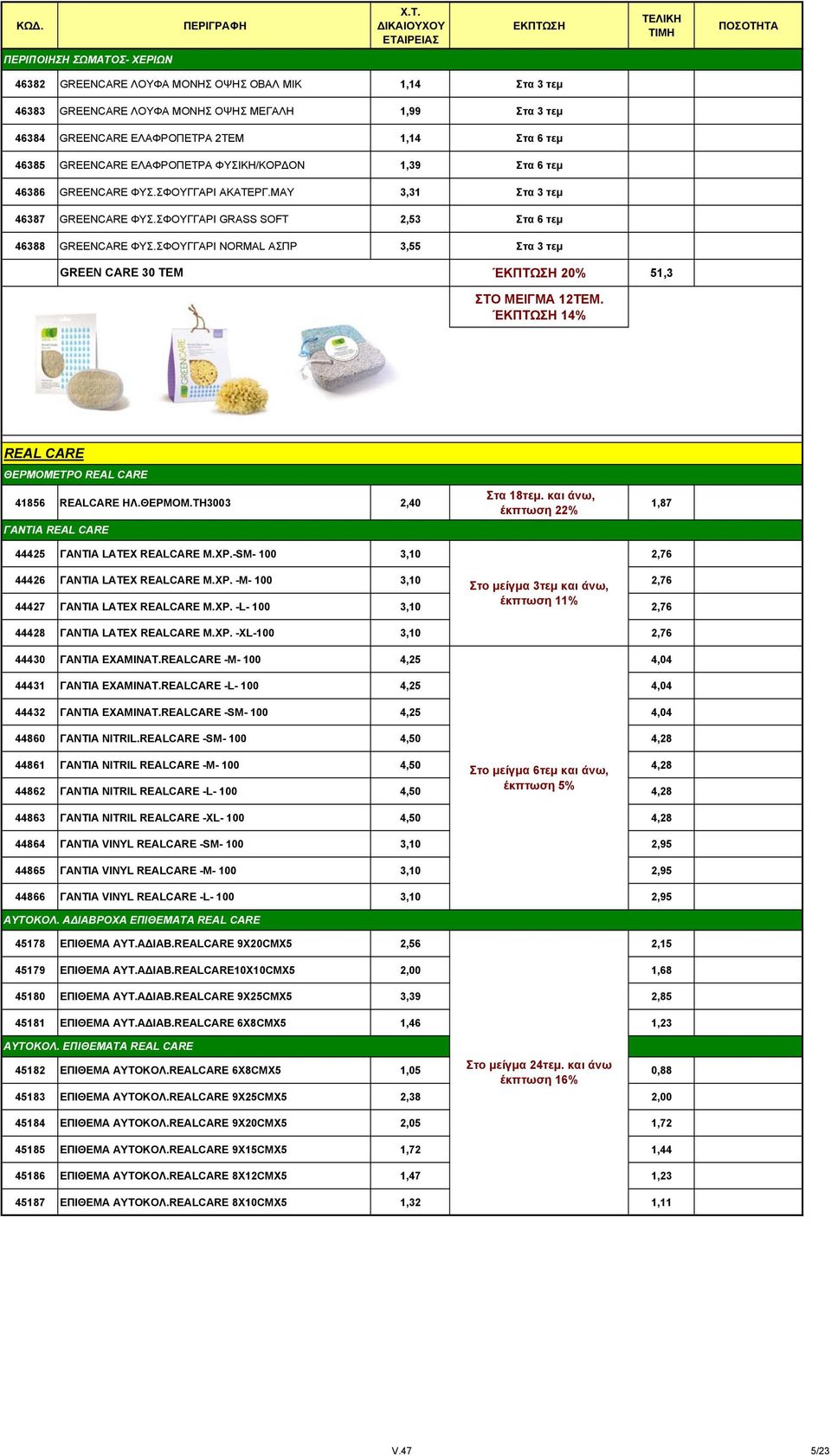 ΣΦΟΥΓΓΑΡΙ NORMAL ΑΣΠΡ 3,55 Στα 3 τεμ GREEN CARE 30 TEM ΈΚΠΤΩΣΗ 20% 51,3 ΣΤΟ ΜΕΙΓΜΑ 12ΤΕΜ. ΈΚΠΤΩΣΗ 14% REAL CARE ΘΕΡΜΟΜΕΤΡΟ REAL CARE 41856 REALCARE ΗΛ.ΘΕΡΜΟΜ.TH3003 2,40 ΓΑΝΤΙΑ REAL CARE Στα 18τεμ.