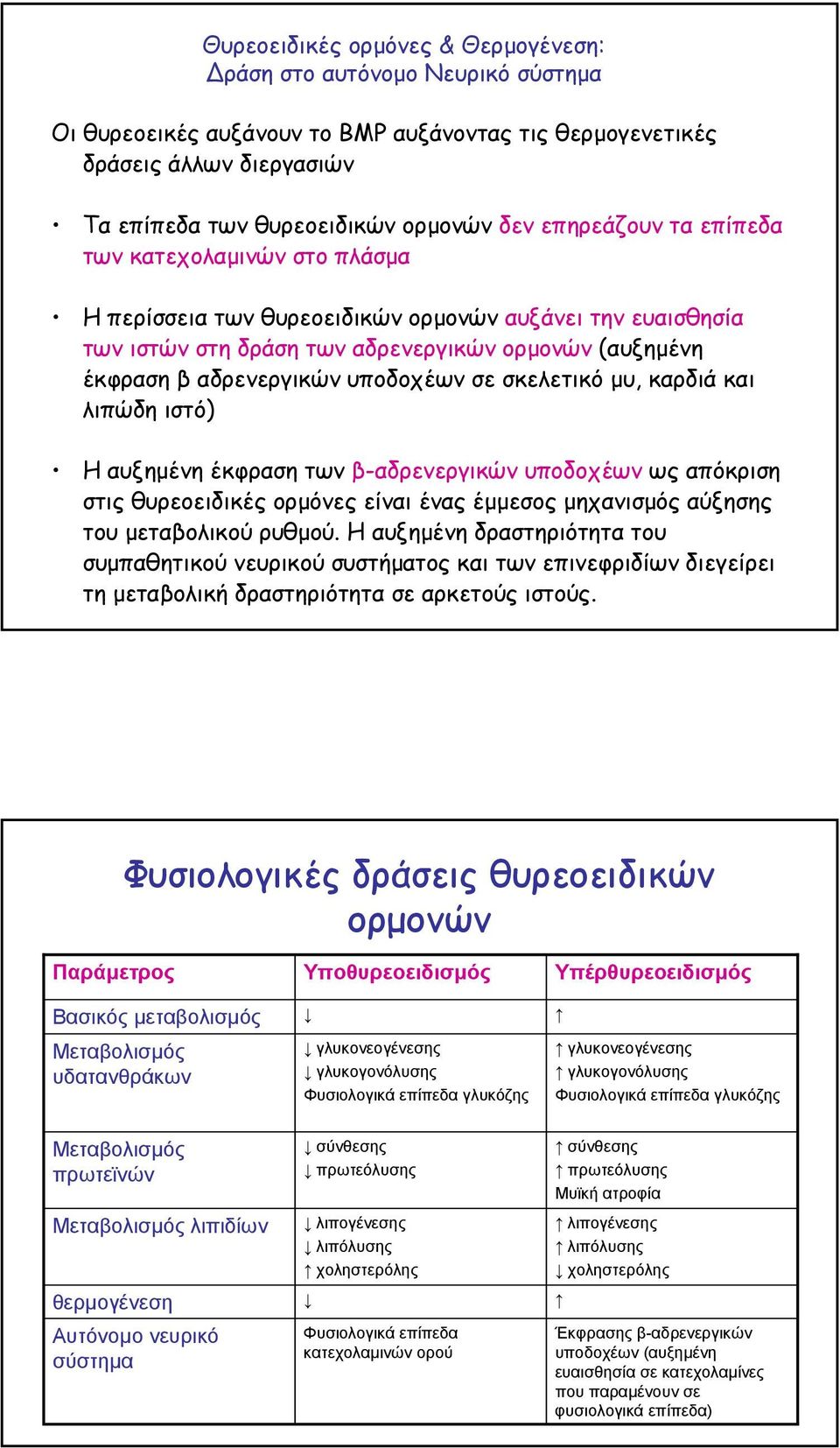 σε σκελετικό µυ, καρδιά και λιπώδη ιστό) Ηαυξηµένη έκφραση των β-αδρενεργικών υποδοχέων ως απόκριση στις θυρεοειδικές ορµόνες είναι ένας έµµεσος µηχανισµός αύξησης του µεταβολικού ρυθµού.