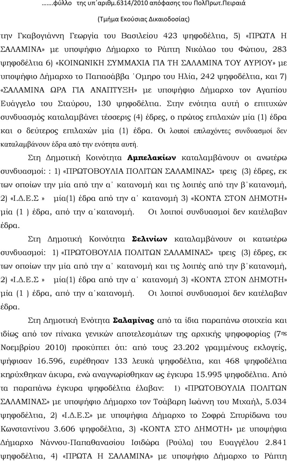 ΣΥΜΜΑΧΙΑ ΓΙΑ ΤΗ ΣΑΛΑΜΙΝΑ ΤΟΥ ΑΥΡΙΟΥ» με υποψήφιο Δήμαρχο το Παπασάββα Ομηρο του Ηλία, 242 ψηφοδέλτια, και 7) «ΣΑΛΑΜΙΝΑ ΩΡΑ ΓΙΑ ΑΝΑΠΤΥΞΗ» με υποψήφιο Δήμαρχο τον Αγαπίου Ευάγγελο του Σταύρου, 130