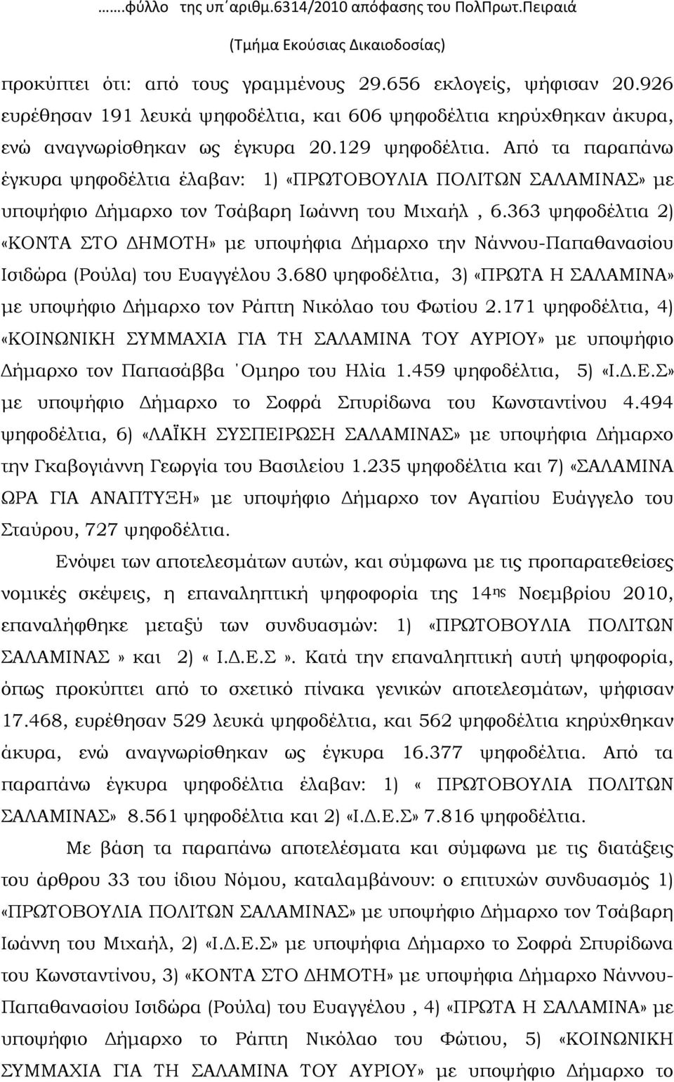 Από τα παραπάνω έγκυρα ψηφοδέλτια έλαβαν: 1) «ΠΡΩΤΟΒΟΥΛΙΑ ΠΟΛΙΤΩΝ ΣΑΛΑΜΙΝΑΣ» με υποψήφιο Δήμαρχο τον Τσάβαρη Ιωάννη του Μιχαήλ, 6.