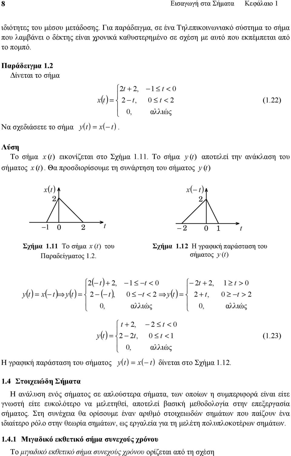 Δίνεται το σήμα Να σχεδιάσετε το σήμα y ( ) = x( ). +, < x ( ) =, < (.), αλλιώς Λύση Το σήμα x () εικονίζεται στο Σχήμα.. Το σήμα y () αποτελεί την ανάκλαση του σήματος x ().