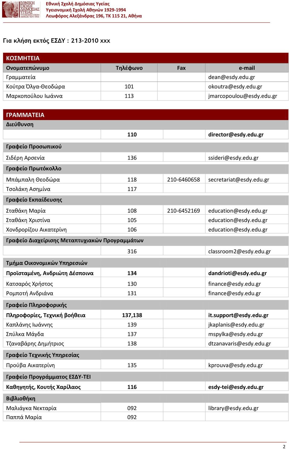 edu.gr Χονδρορίζου Αικατερίνη 106 education@esdy.edu.gr Γραφείο Διαχείρισης Μεταπτυχιακών Προγραμμάτων 316 classroom2@esdy.edu.gr Τμήμα Οικονομικών Υπηρεσιών Προϊσταμένη, Ανδριώτη Δέσποινα 134 dandrioti@esdy.