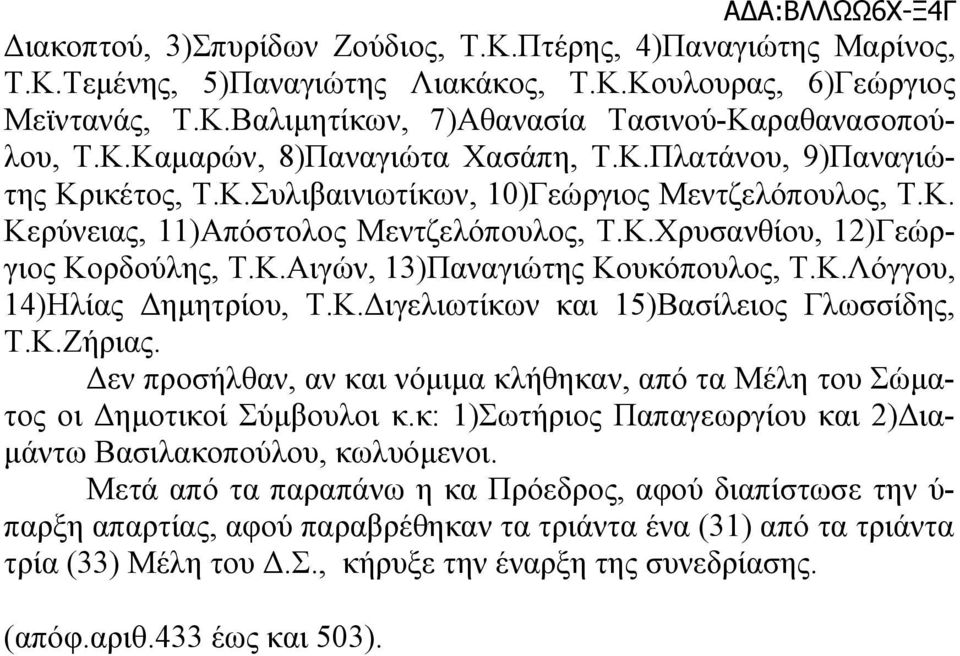 Κ.Λόγγου, 14)Ηλίας Δημητρίου, Τ.Κ.Διγελιωτίκων και 15)Βασίλειος Γλωσσίδης, Τ.Κ.Ζήριας. Δεν προσήλθαν, αν και νόμιμα κλήθηκαν, από τα Μέλη του Σώματος οι Δημοτικοί Σύμβουλοι κ.