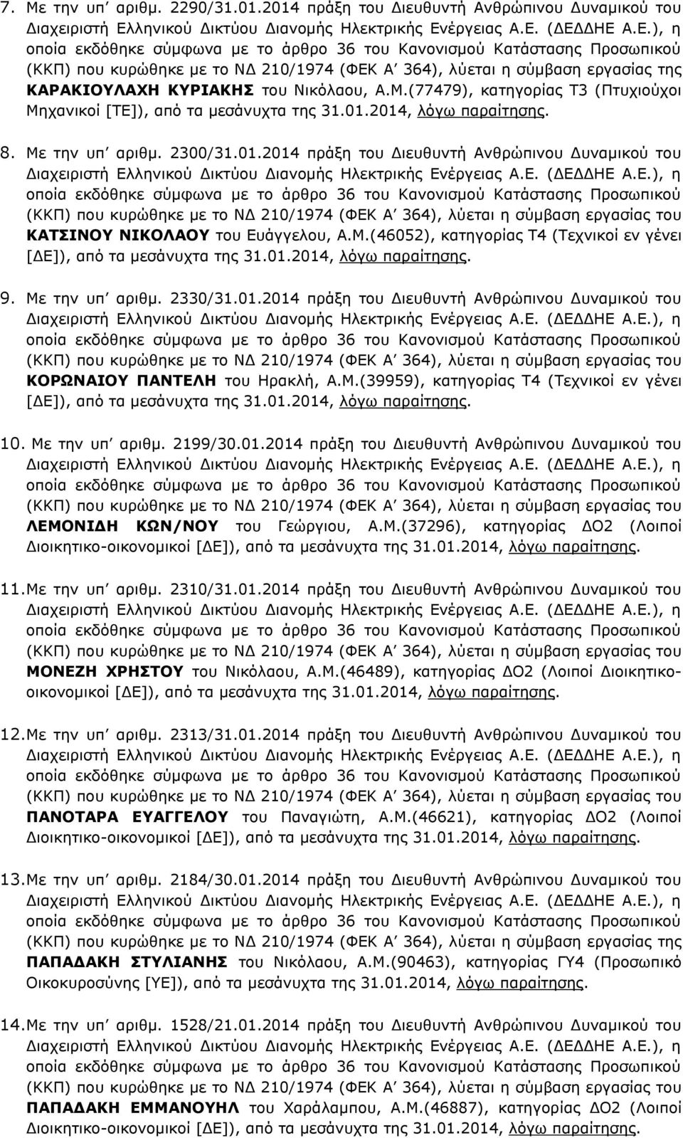 Μ.(46052), κατηγορίας Τ4 (Τεχνικοί εν γένει [ΔΕ]), από τα μεσάνυχτα της 31.01.2014, λόγω 9. Με την υπ αριθμ. 2330/31.01.2014 πράξη του Διευθυντή Ανθρώπινου Δυναμικού του ΚΟΡΩΝΑΙΟΥ ΠΑΝΤΕΛΗ του Ηρακλή, Α.