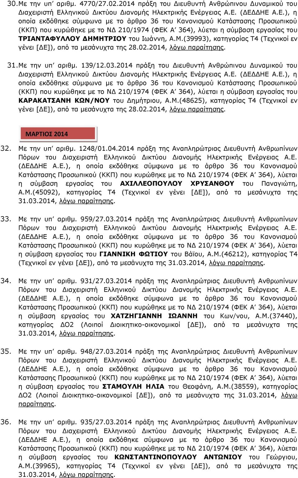 2014, λόγω ΜΑΡΤΙΟΣ 2014 32. Με την υπ αριθμ. 1248/01.04.2014 πράξη της Αναπληρώτριας Διευθυντή Ανθρωπίνων η σύμβαση εργασίας του ΑΧΙΛΛΕΟΠΟΥΛΟΥ ΧΡΥΣΑΝΘΟΥ του Παναγιώτη, Α.Μ.(45092), κατηγορίας Τ4 (Τεχνικοί εν γένει [ΔΕ]), από τα μεσάνυχτα της 31.
