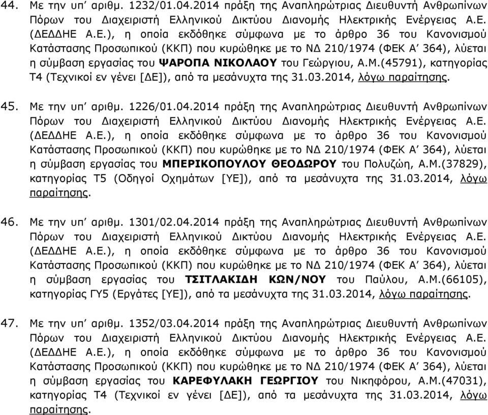 03.2014, λόγω 46. Με την υπ αριθμ. 1301/02.04.2014 πράξη της Αναπληρώτριας Διευθυντή Ανθρωπίνων η σύμβαση εργασίας του ΤΣΙΤΛΑΚΙΔΗ ΚΩΝ/ΝΟΥ του Παύλου, Α.Μ.(66105), κατηγορίας ΓΥ5 (Εργάτες [ΥΕ]), από τα μεσάνυχτα της 31.
