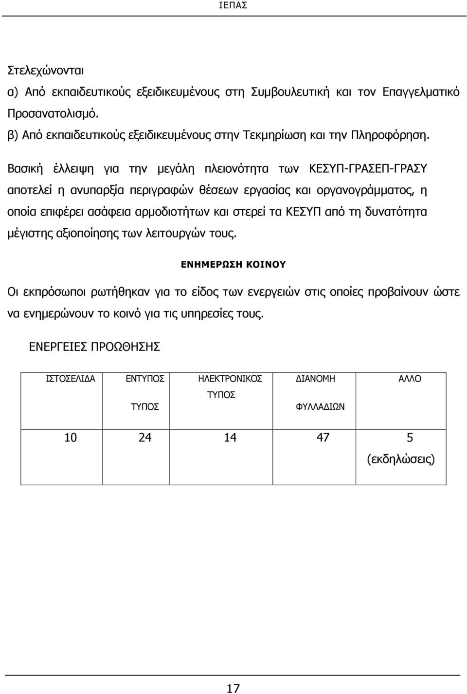 Βασική έλλειψη για την μεγάλη πλειονότητα των ΚΕΣΥΠ-ΓΡΑΣΕΠ-ΓΡΑΣΥ αποτελεί η ανυπαρξία περιγραφών θέσεων εργασίας και οργανογράμματος, η οποία επιφέρει ασάφεια αρμοδιοτήτων