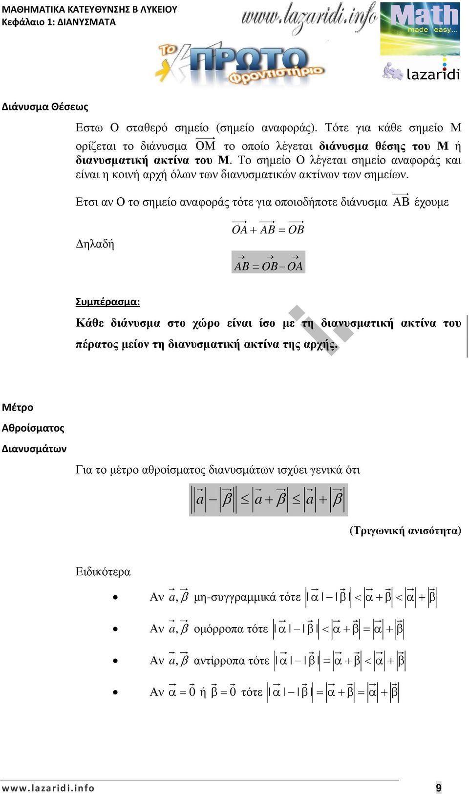 Ετσι αν Ο το σηµείο αναφοράς τότε για οποιοδήποτε διάνυσµα ΑΒ έχουµε ηλαδή OA AB OB AB OB OA Συμπέρασμα: Κάθε διάνυσµα στο χώρο είναι ίσο µε τη διανυσµατική ακτίνα του πέρατος µείον τη