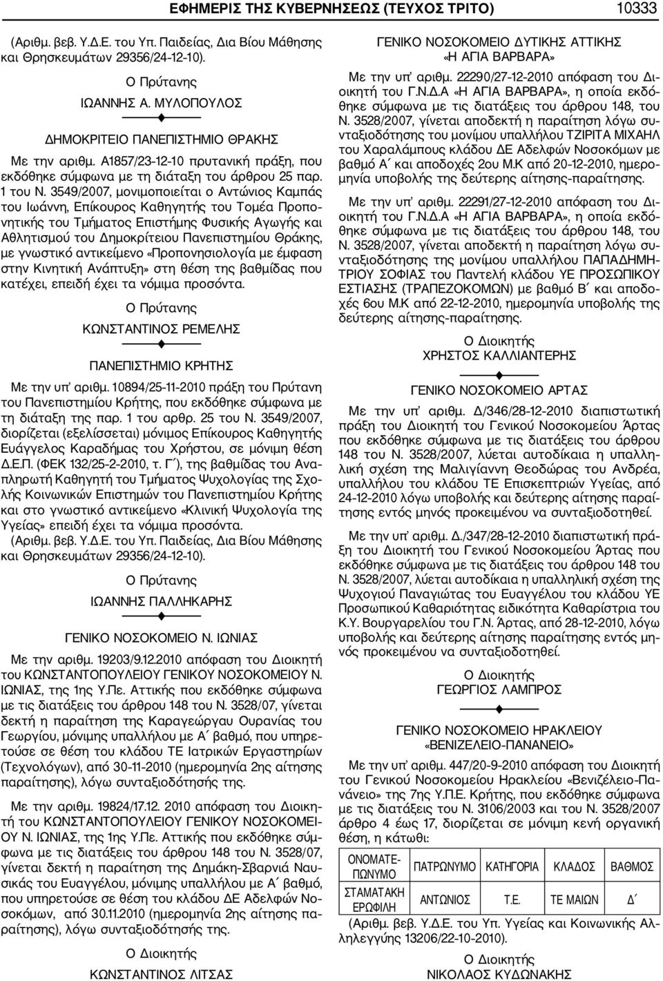 3549/2007, μονιμοποιείται ο Αντώνιος Καμπάς του Ιωάννη, Επίκουρος Καθηγητής του Τομέα Προπο νητικής του Τμήματος Επιστήμης Φυσικής Αγωγής και Αθλητισμού του Δημοκρίτειου Πανεπιστημίου Θράκης, με