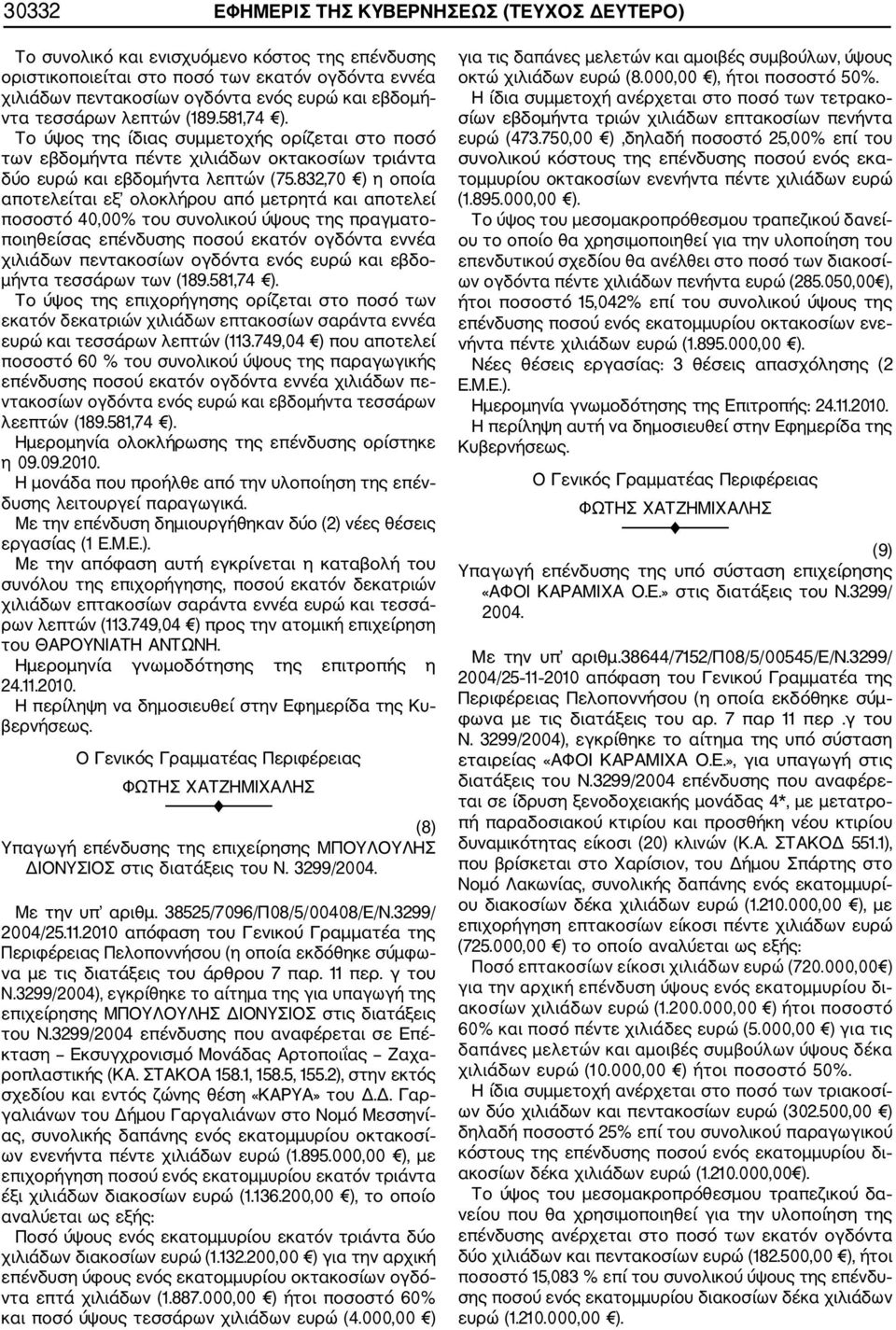 832,70 ) η οποία αποτελείται εξ ολοκλήρου από μετρητά και αποτελεί ποσοστό 40,00% του συνολικού ύψους της πραγματο ποιηθείσας επένδυσης ποσού εκατόν ογδόντα εννέα χιλιάδων πεντακοσίων ογδόντα ενός