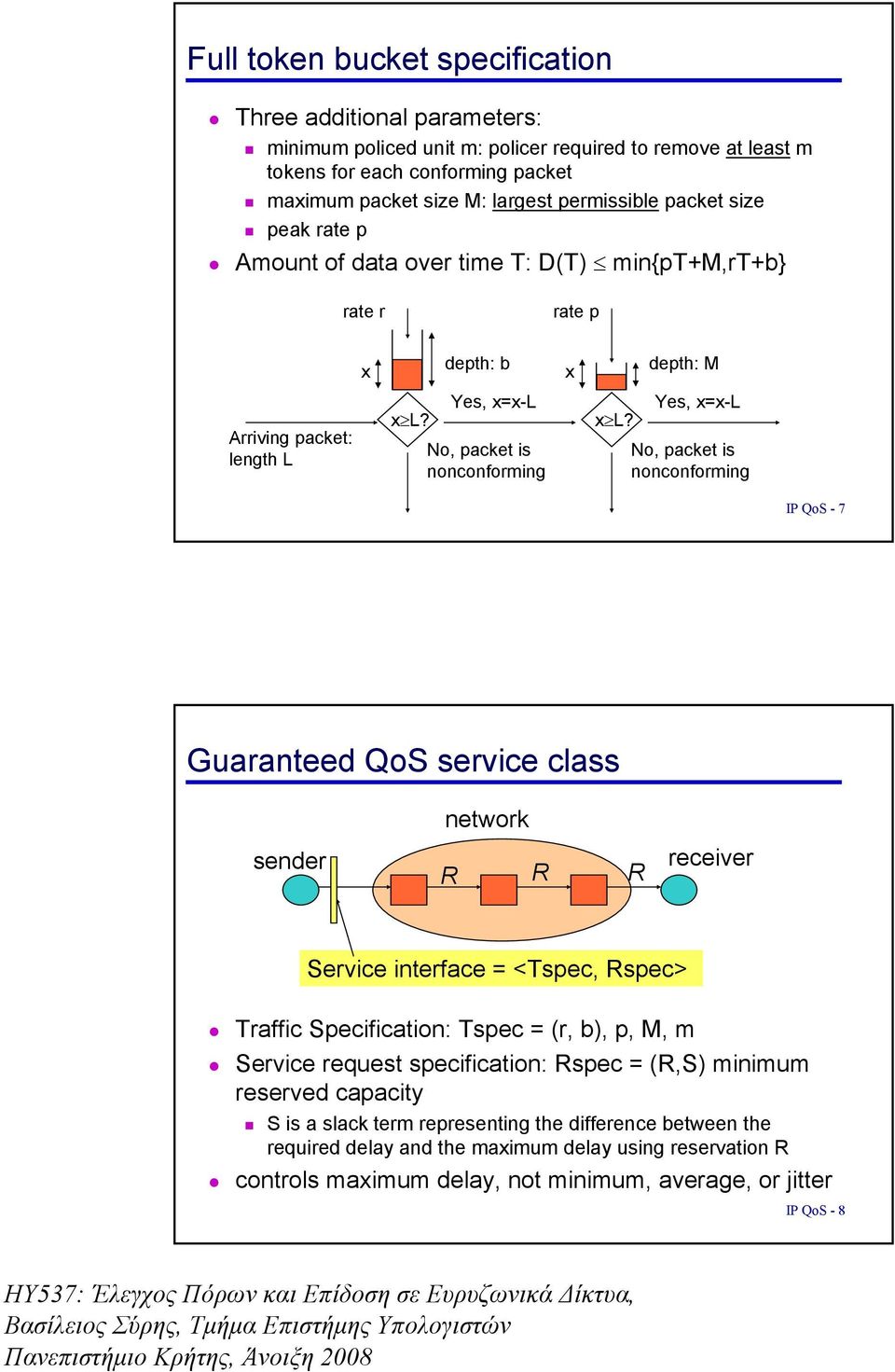 No, packet is nonconforming IP QoS - 7 Guaranteed QoS service class network sender R R R receiver Service interface = <Tspec, Rspec> Traffic Specification: Tspec = (r, b), p, M, m Service request