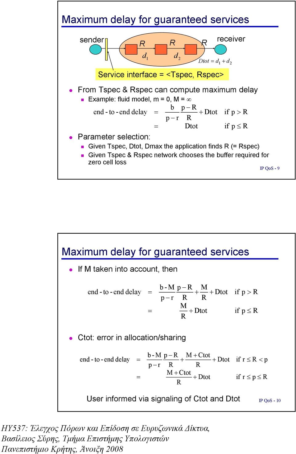 buffer required for zero cell loss IP QoS - 9 Maximum delay for guaranteed services If M taken into account, then end - to - end delay = = b - M p R M + + Dtot p r R R M + Dtot R if p > R if