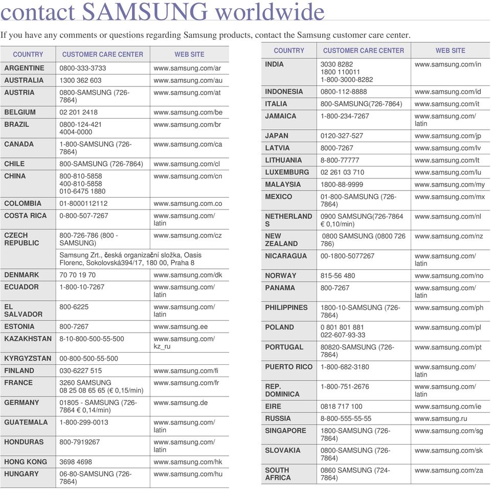 samsung.com/br www.samsung.com/ca CHILE 800-SAMSUNG (726-7864) www.samsung.com/cl CHINA 800-810-5858 400-810-5858 010-6475 1880 www.samsung.com/cn COLOMBIA 01-8000112112 www.samsung.com.co COSTA RICA 0-800-507-7267 www.