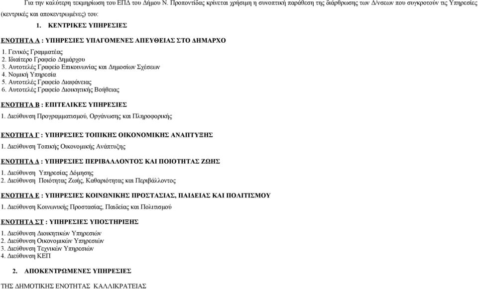 Νομική Υπηρεσία 5. Αυτοτελές Γραφείο Διαφάνειας 6. Αυτοτελές Γραφείο Διοικητικής Βοήθειας ΕΝΟΤΗΤΑ Β : ΕΠΙΤΕΛΙΚΕΣ ΥΠΗΡΕΣΙΕΣ 1.