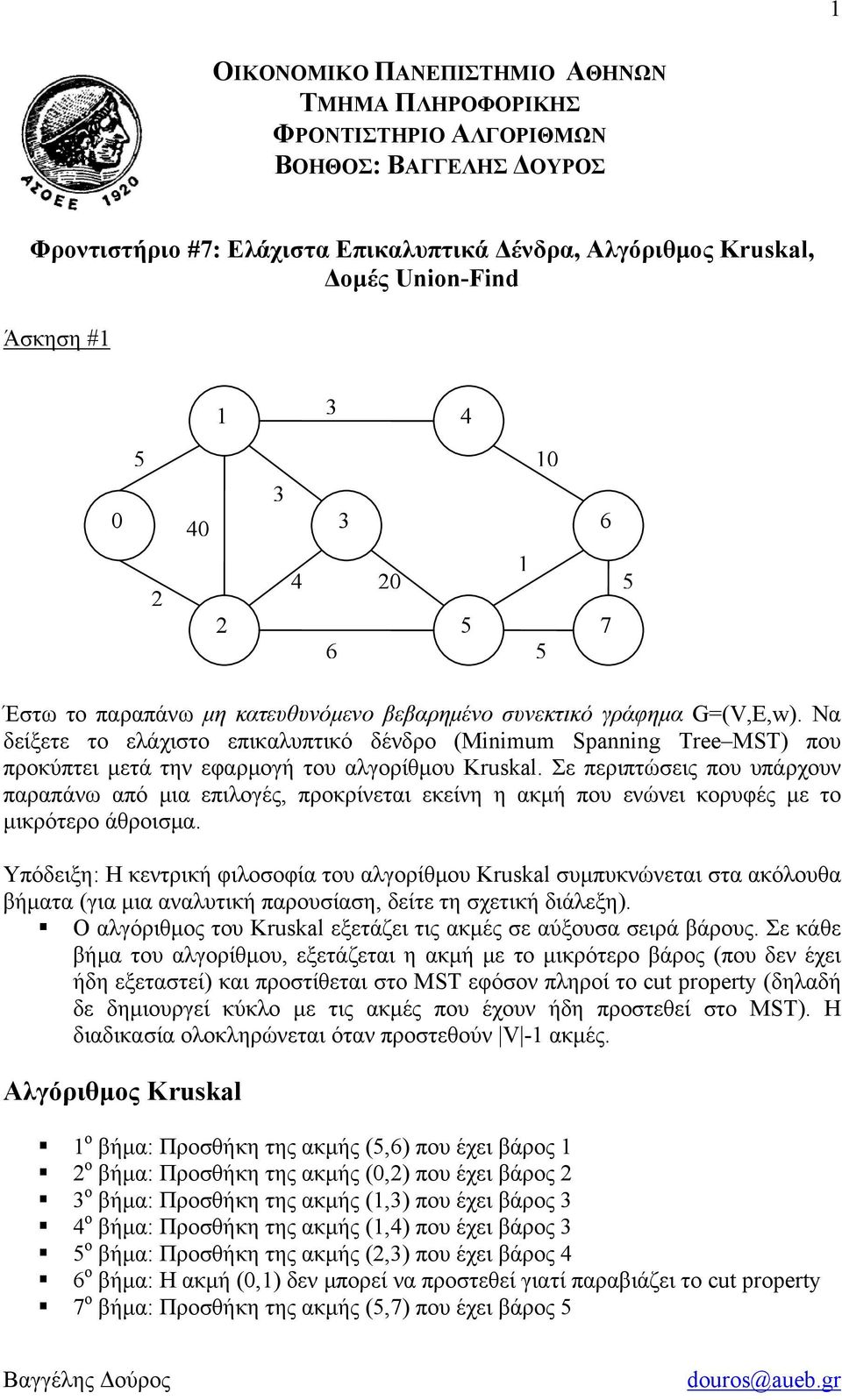 Να δείξετε το ελάχιστο επικαλυπτικό δένδρο (Minimum Spanning Tree MST) που προκύπτει μετά την εφαρμογή του αλγορίθμου Kruskal.