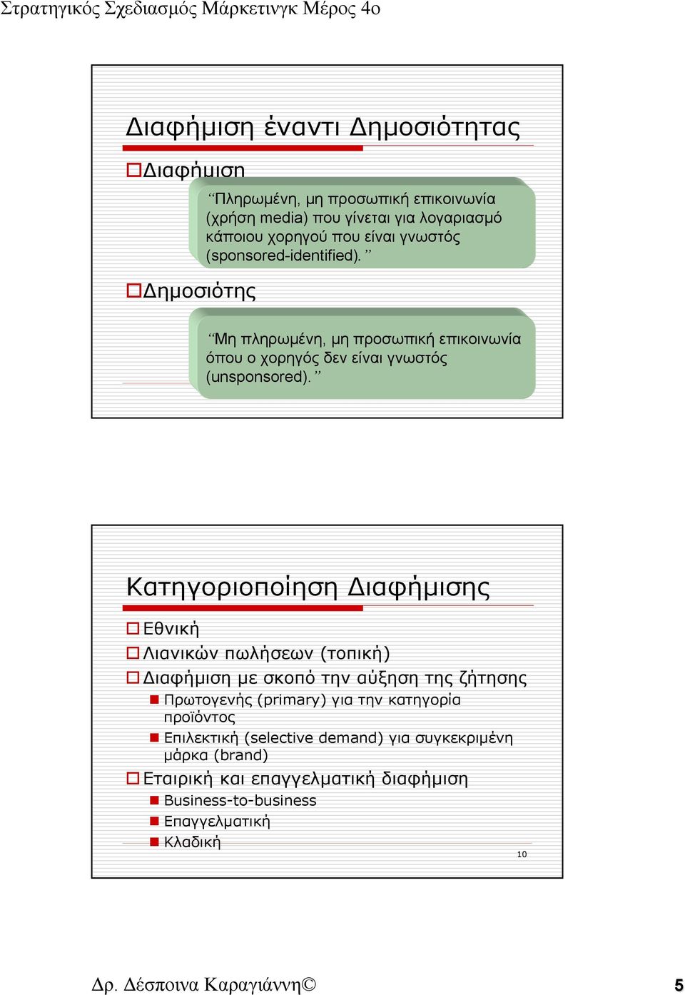 9 Κατηγοριοποίηση Διαφήμισης Εθνική Λιανικών πωλήσεων (τοπική) Διαφήμιση με σκοπό την αύξηση της ζήτησης Πρωτογενής (primary) για την κατηγορία