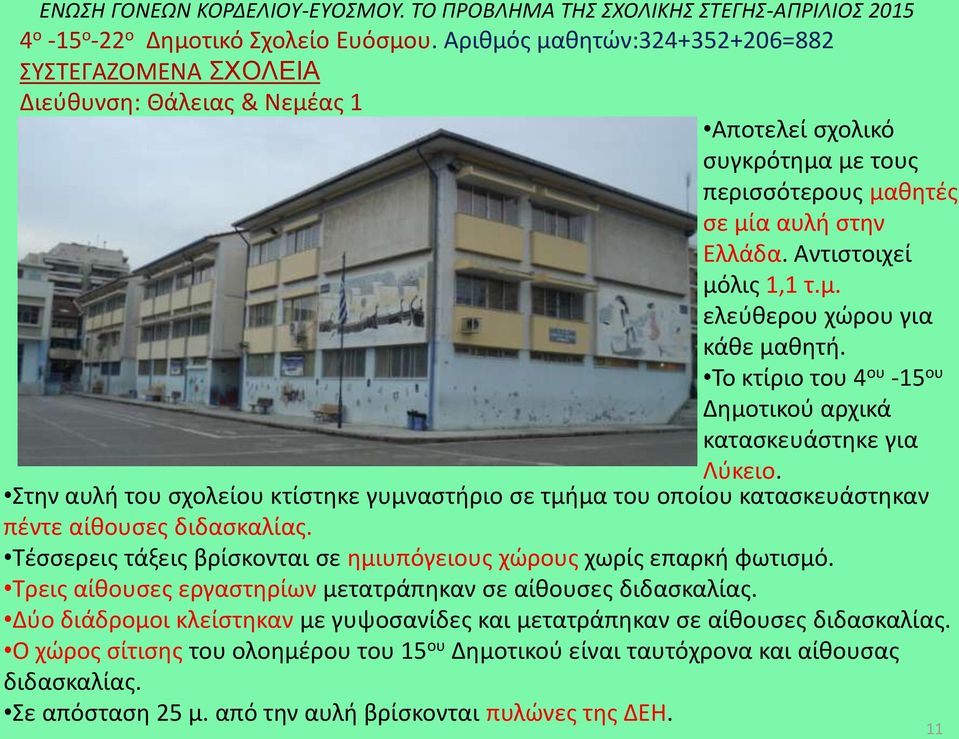 Το κτίριο του 4 ου -15 ου Δημοτικού αρχικά κατασκευάστηκε για Λύκειο. Στην αυλή του σχολείου κτίστηκε γυμναστήριο σε τμήμα του οποίου κατασκευάστηκαν πέντε αίθουσες διδασκαλίας.