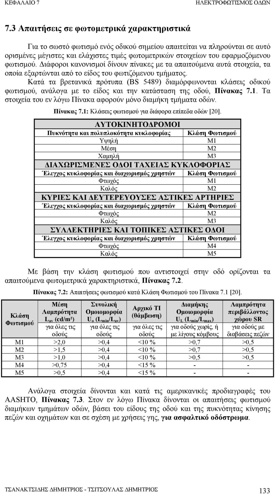 Κατά τα βρετανικά πρότυπα (BS 5489) διαµόρφωνονται κλάσεις οδικού φωτισµού, ανάλογα µε το είδος και την κατάσταση της οδού, Πίνακας 7.1.