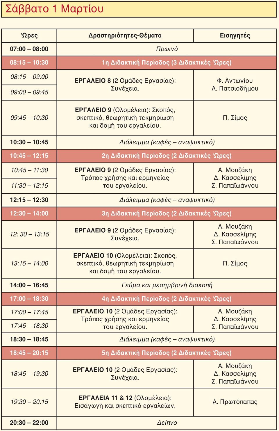 Παπαϊωάννου 12:30 14:00 3η Διδακτική Περίοδος (2 Διδακτικές Ώρες) 13:15 14:00 ΕΡΓΑΛΕΙΟ 9 (2 Ομάδες Εργασίας): ΕΡΓΑΛΕΙΟ 10 (Ολομέλεια): Σκοπός, σκεπτικό, θεωρητική τεκμηρίωση και δομή του εργαλείου.