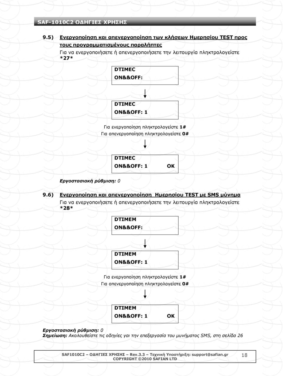 6) Δλεξγνπνίεζε θαη απελεξγνπνίεζε Ηκεξεζίνπ TEST κε SMS κύλεκα Γηα λα ελεξγνπνηήζεηε ή απελεξγνπνηήζεηε ηελ ιεηηνπξγία πιεθηξνινγείζηε *28* DTIMEM ON&&OFF: DTIMEM ON&&OFF: 1 Γηα