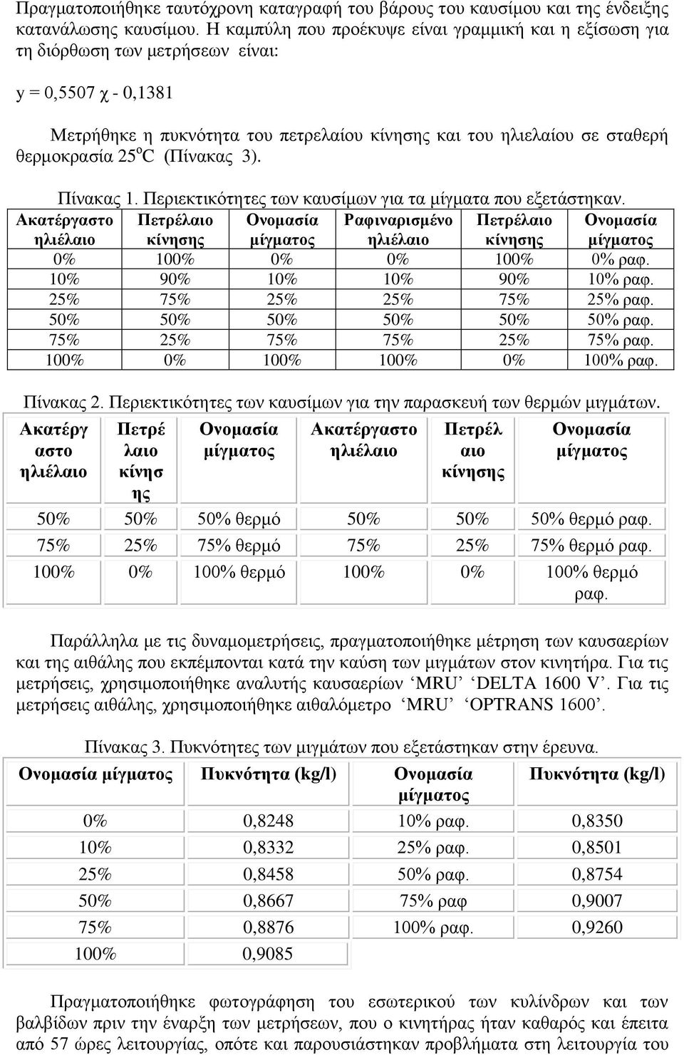 ο C (Πίνακας 3). Πίνακας 1. Περιεκτικότητες των καυσίμων για τα μίγματα που εξετάστηκαν.