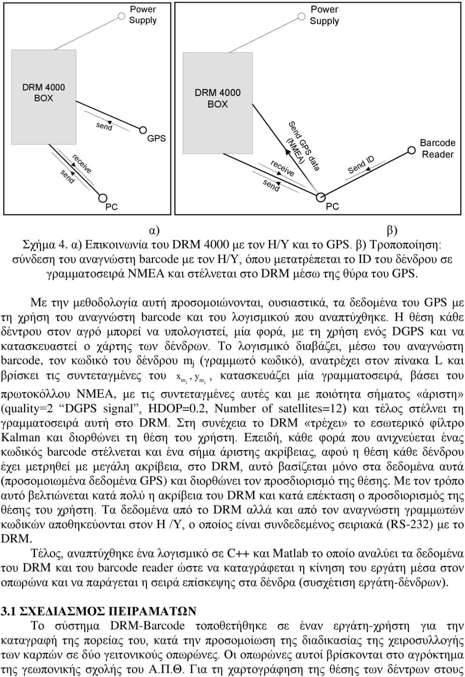 β) Τροποποίηση: σύνδεση του αναγνώστη barcode με τον Η/Υ, όπου μετατρέπεται το ID του δένδρου σε γραμματοσειρά NMEA και στέλνεται στο DRM μέσω της θύρα του GPS.