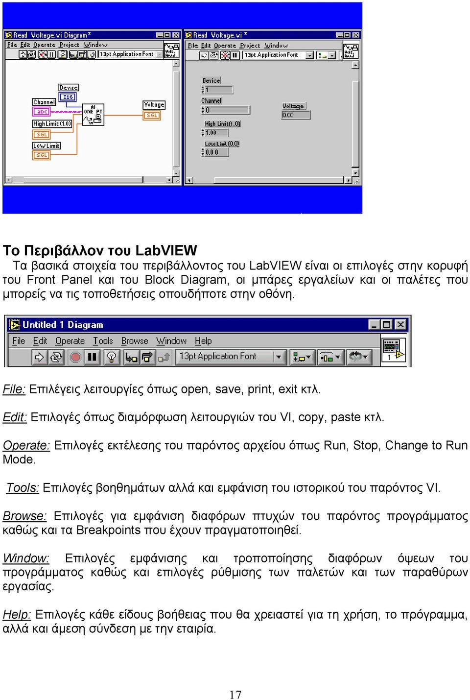 Operate: Επιλογές εκτέλεσης του παρόντος αρχείου όπως Run, Stop, Change to Run Mode. Tools: Επιλογές βοηθημάτων αλλά και εμφάνιση του ιστορικού του παρόντος VI.