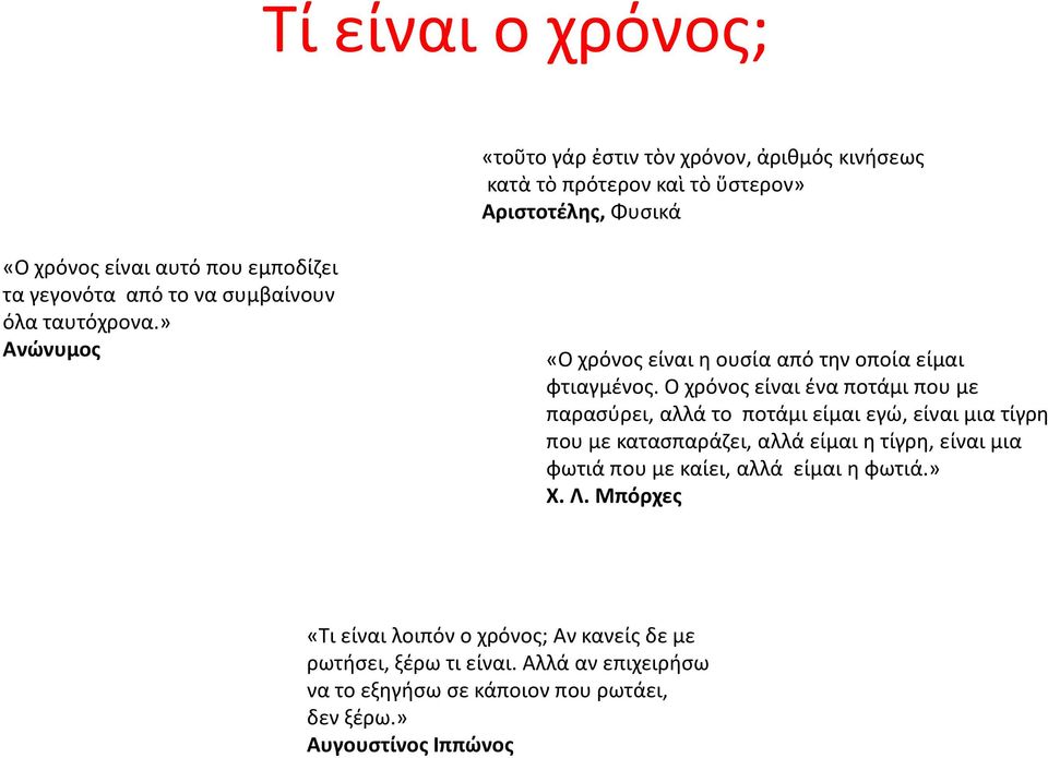 Ο χρόνος είναι ένα ποτάμι που με παρασύρει, αλλά το ποτάμι είμαι εγώ, είναι μια τίγρη που με κατασπαράζει, αλλά είμαι η τίγρη, είναι μια φωτιά που με